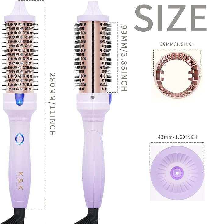 K&K 1.5 inch Volumizing Brush Heated Curling Ceramic Tourmaline Ionic Curling Iron Quick Heating Makes Hair Silky Smooth Dual Voltage Travel-Friendly Straightening Round Design (Purple, 1.5 Inch)