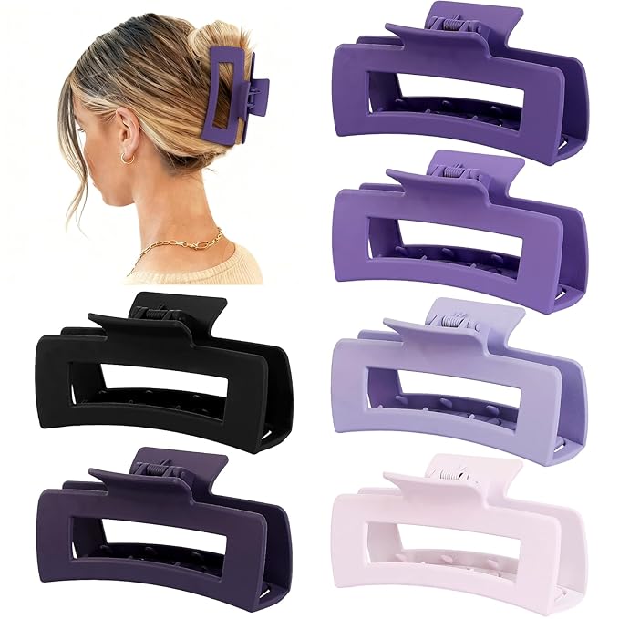 4 Inch Big Hair Claw Clips 6 Pcs Large Claw for Thick Hair Square Hair Clips for Women Rectangle Hair Clips Nonslip Acrylic Banana Jaw Clips Hair Accessories for Girls (Purple)
