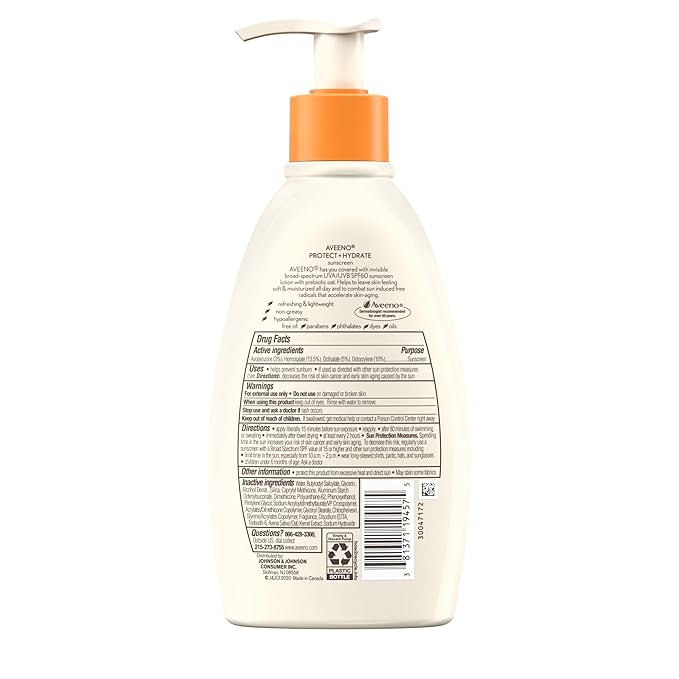 Aveeno Protect + Hydrate Sunscreen Moisturizing Lotion with Prebiotic Oat, Broad Spectrum SPF60, Paraben, & Oil Free, Weightless, Water & Sweat Resistant (80-min) for Sensitive Skin, 12 Fl Oz