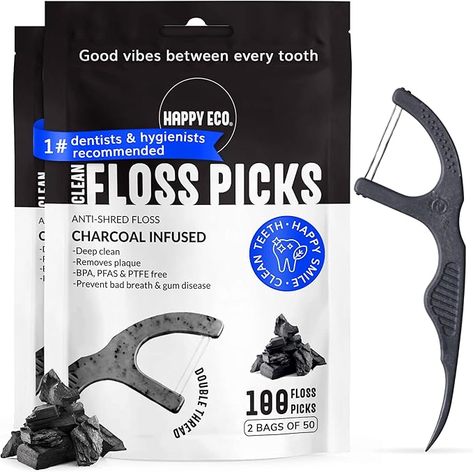 Dental Floss Picks (100pcs) - Flossers for Adults, Vegan Corn-Straw Handle, Superior Oral Care & Anti-Shred Thread, Dental Hygiene, Tooth Pick Sticks, Teeth & Gum Health (Charcoal, Double Thread)