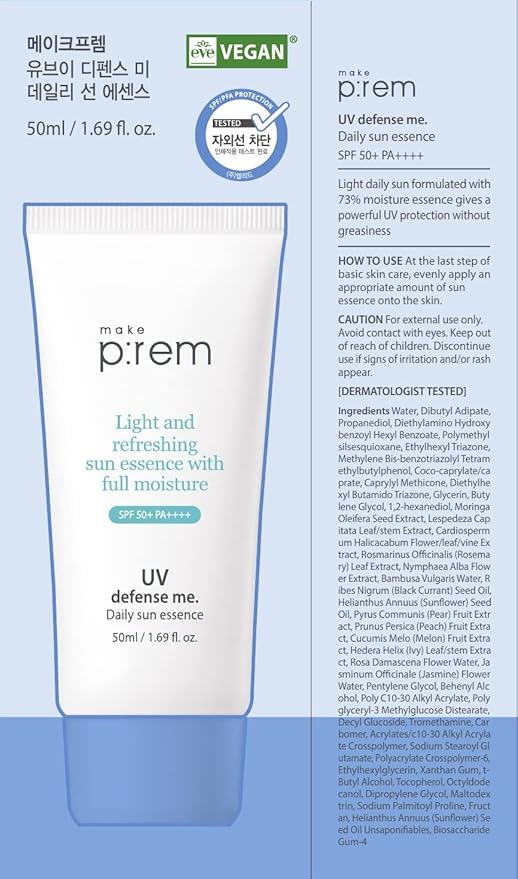 MAKEPREM UVA UVB Defense Me Daily Sun Essence VEGAN Makeup Sunscreen Gel SPF 50+ PA++++ 1.69 Fl Oz Reef-Safe Moisture Sunblock Strong UV Blue Ray Broad Protection Dry Oily Sensitive Acne-Prone Skin
