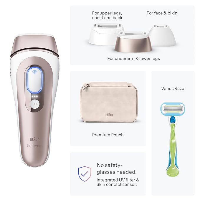 Braun Smart IPL, Skin i·Expert Pro 7: at Home Laser Hair Removal, Permanent Visible Hair Reduction, Vanity Case, Venus Razor, 3 Smart Heads, IPL7243