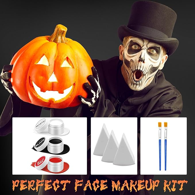 Red Black and White Face Body Paint Set, Highly Pigmented Clown Makeup Kit, Professional Face Paint for Halloween Skeleton Cosplay Joker Vampire Zombie Ghost SFX Makeup