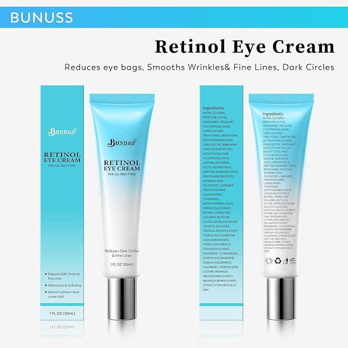 Retinol Eye Cream - Eye Cream for Dark Circles, Puffiness, Anti Aging, with Hyaluronic Acid, Peptides, Caffeine, Reduces Bags, Dark Circles Under Eye Treatment, Smooths Wrinkles & Fine Lines, 1 fl. oz