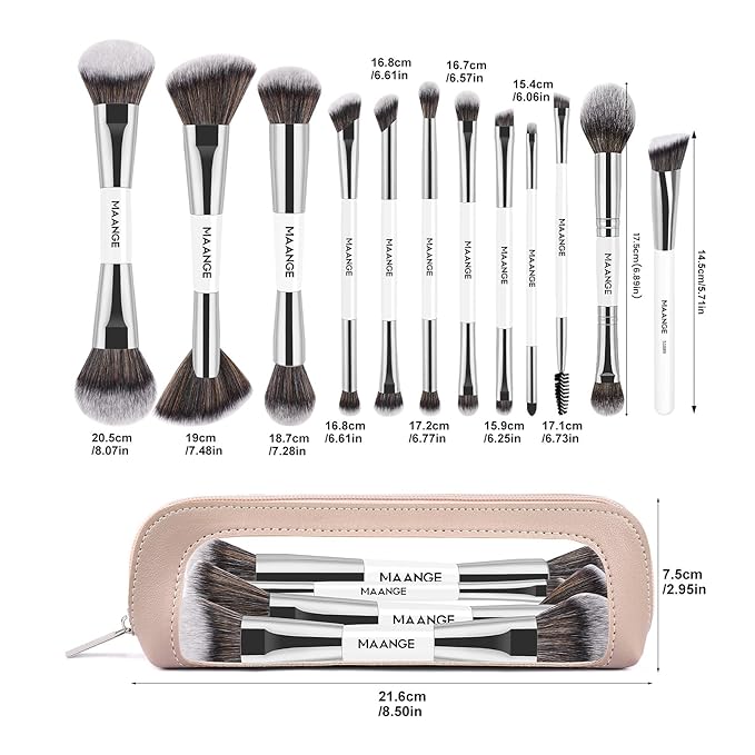 MAANGE Makeup Brush Set 23-In-12 Pcs Essential Foundation Makeup Brushes for Powder Concealers Eye Shadows Blush Make Up Brushes with Travel Makeup Case - Silver