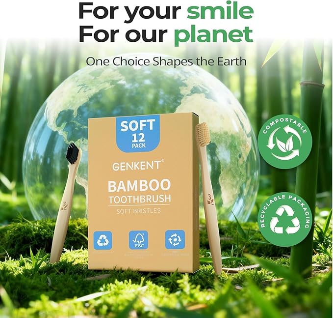 GENKENT Bamboo Toothbrushes 12 Pack Natural Toothbrushes BPA Free Soft Bristles Toothbrush Eco Friendly Charcoal Toothbrush for Travel