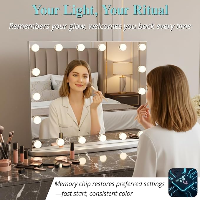 LUXFURNI Hollywood Glamour Vanity Mirror with 4 Extra Bottom Bulbs | Shadow-Free, Perfect Makeup View | Desk & Wall Mountable | 3 Color Modes for Office, Outdoor, Party Looks | USB Charging