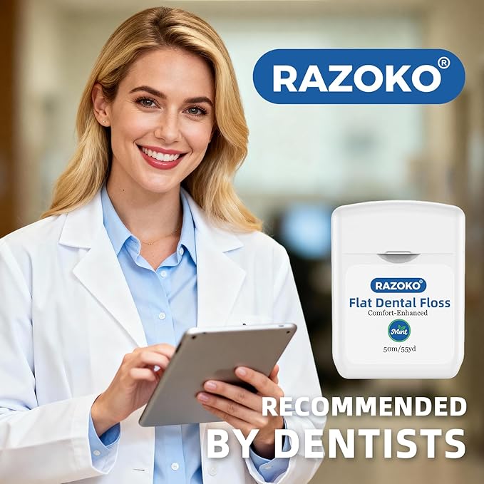 RAZOKO Flat Dental Floss, PFAS & PTFE Free, Shred Resistant, Kid-Friendly Gentle on Gums, Ultra-Smooth for Deep Cleaning, Mint, 4 Spools (225 Yd Total)