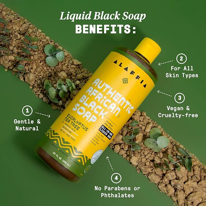 Alaffia Authentic African Black Soap, Eucalyptus Tea Tree, 2-Pack – All-in-One Moisturizing Cleanser for Face, Hands, Body & Hair, 32 Oz Ea