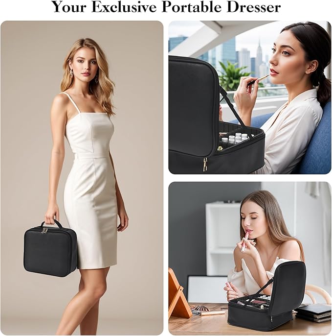 Travel Makeup Bag With LED Mirror,Cosmetic Train Case with 3 Color Setting,Cosmetic Makeup Organizer Bag with Adjustable Dividers,Portable Make up Box with Make up Brushes Holder Storage(Black)