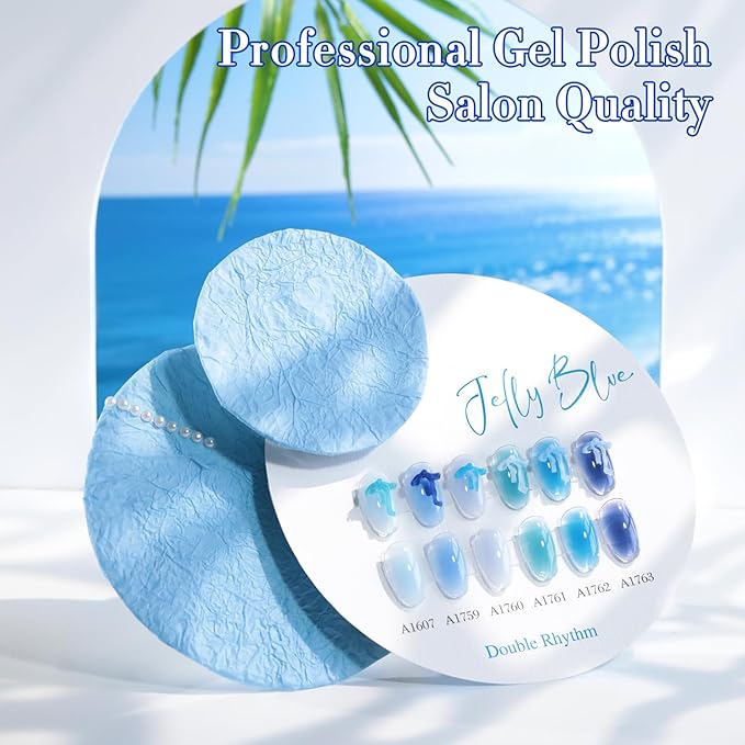 Double Rhythm 6 Pcs 15 ML Gel Polish Set Same Color Same Bottle Soak Off Gel Polish Kit Nail Art Manicure Salon DIY at Home for Women (Jelly Milky Light Dark Blue Navy-T6-82)