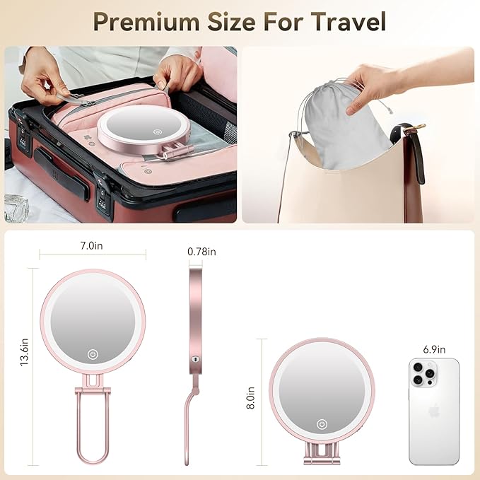Travel Makeup Mirror with Lights,3000mAh Rechargeable 1X/20X Magnifying Mirror with Light, 7" Portable Lighted Beauty Mirror, Make Up Mirrors with 3 Light Colors, Dimmable Tabletop Handhold Hanging-G
