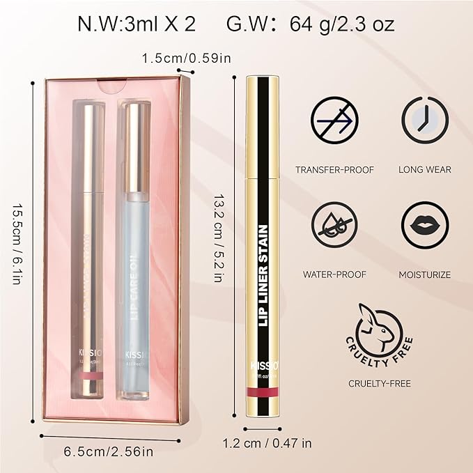 KISSIO Lip Stain Set,Peel Off Lip Liner Stain and Lip Care Oil,Transfer Proof,Long Lasting and Waterproof Lip Tint,Matte Finish,Lip Combo,05 Light brown