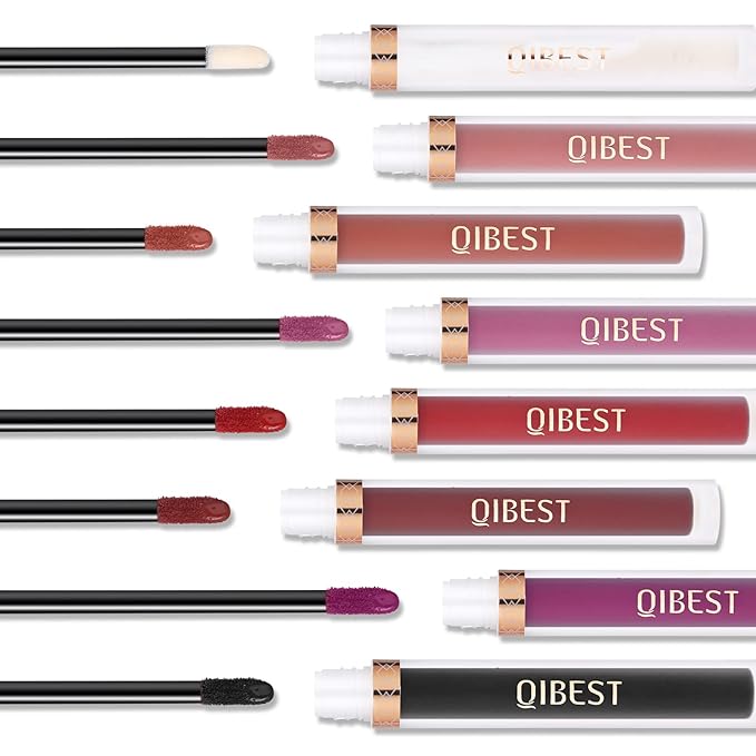 QiBest 7Pcs Matte Liquid Lipstick wiith 1Pc Lip Plumper Makeup Set, Dark Black Purple Lipstick Goth Halloween Lip Set Waterproof Lip Gloss Kit, Long Lasting Valentine Lipsticks Gift for Women & Girls