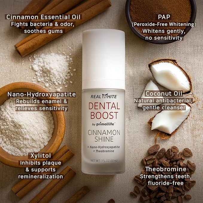 Primal Life Organic Real White Dental Boost – Natural, Organic Teeth Whitener – Peroxide Free – Nano-Hydroxyapatite Paste (Cinnamon)