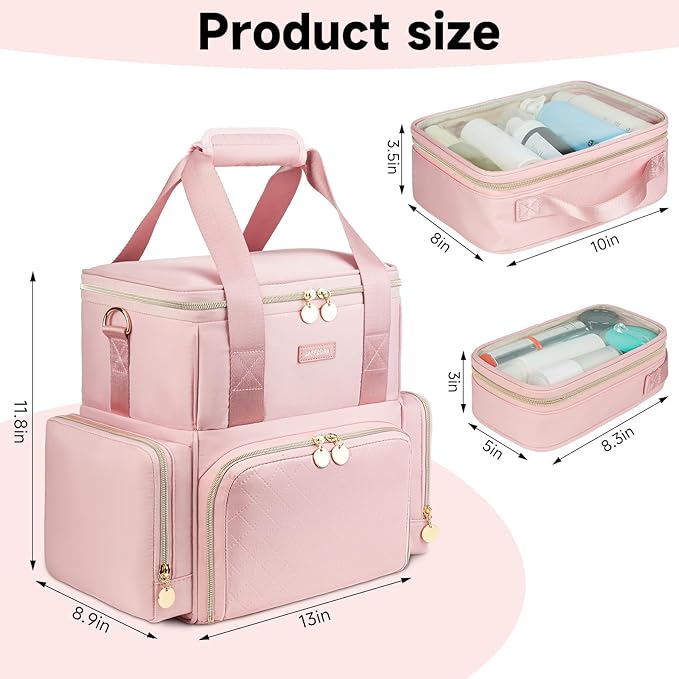 Jaffzora Extra Large Makeup Bag,4 in 1 Cosmetic Storage Organizer Travel Case with Detachable Pouches and Dividers,Pink