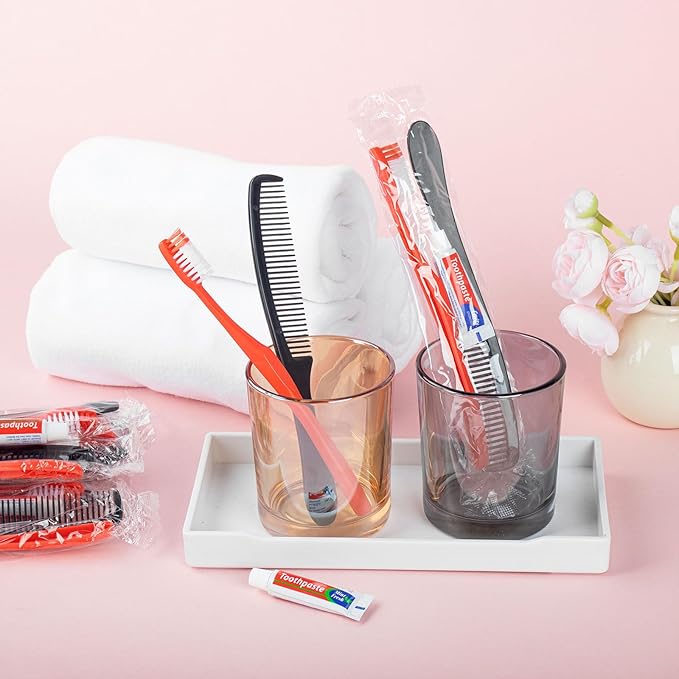 Red Disposable Toothbrushes with Toothpaste and Comb - Pack of 30,Individually Wrapped Single Use Travel Toothbrushes Kit Bulk for Homeless,Guests,Hotel