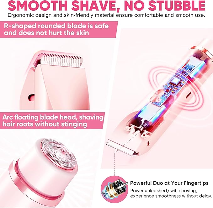 Bikini Trimmer for Women, Electric Razor & Shaver with Dual Ceramic Blades, Painless Hair Removal for Face, Body & Intimate Areas, 90min Cordless Runtime, Waterproof Travel Grooming Kit