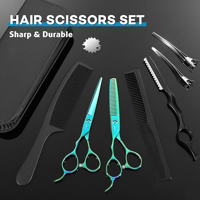 JASON Left Handed Hair Scissors - 10 Pcs Hair Scissors Set, 6 Inch Thinning Shears for Hairs Cutting with 28 Teeth, Straight Shear for Men & Women Professional Barber Set for Salon Home Green Style