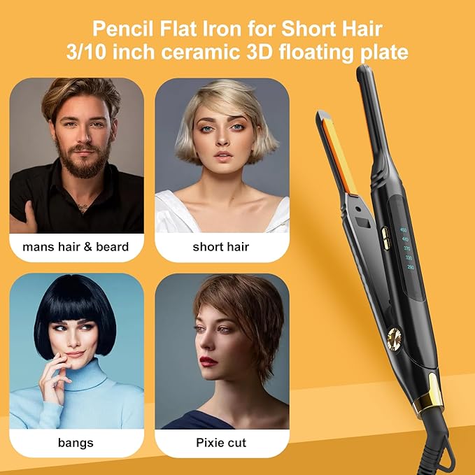 Small Flat Iron 3/10'' Mini Flat Irons for Short Hair,Pixie Cut & Bangs,Pencil Hair Straightener for Edges with LED Display,Travel Hair Straightener with Dual Voltage,Auto Shut Off(Orange)