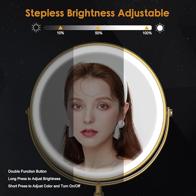 Lighted Makeup Mirror, 3000 mAh Rechargeable Double Sided Magnifying Vanity Mirror with 3 Colors, 1x/10x, 360° Rotation , Brightness Adjustable Magnification Cosmetic Light up Mirror, Women Gift