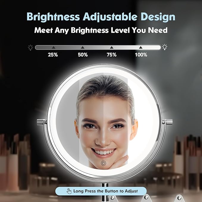 Rechargeable Wall Mounted Makeup Mirror - 8 Inch Double Sided 1X/30X Magnifying Mirror with 3 Color Lights Dimmable Touch Screen, 360ยฐSwivel 19.6 Inch Extendable Accordion Bathroom Mirror - Chrome