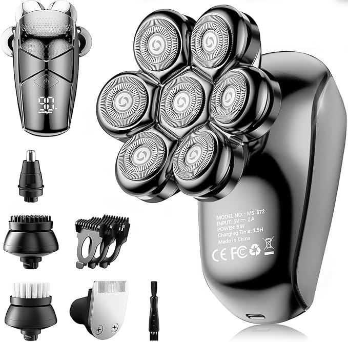 Detachable Head Shavers, SHPAVVER 5 in 1 Electric Razor IPX7 Waterproof for Bald Men, Wet Dry LED Display Rechargeable 7D Rotary Shaver Grooming Kit with Type C Charge A,Gray Black