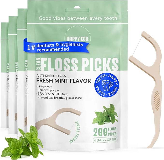 Dental Floss Picks (200pcs) - Flossers for Adults, Vegan Corn-Straw Handle, Superior Oral Care & Anti-Shred Thread, Dental Hygiene, Tooth Pick Sticks, Teeth & Gum Health (Mint, Single Thread)