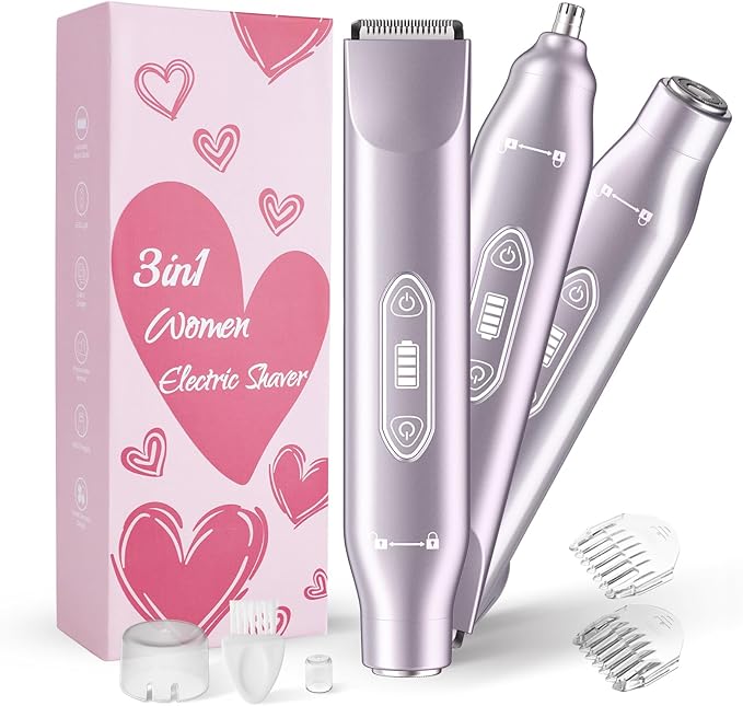 Bikini Trimmer for Women,3 in 1 Electric Razor with Ceramic Blades, IPX7 Waterproof, USB Rechargeable, Painless Hair Removal for Face,Body,Bikini Area, Travel Grooming Kit (Purple)