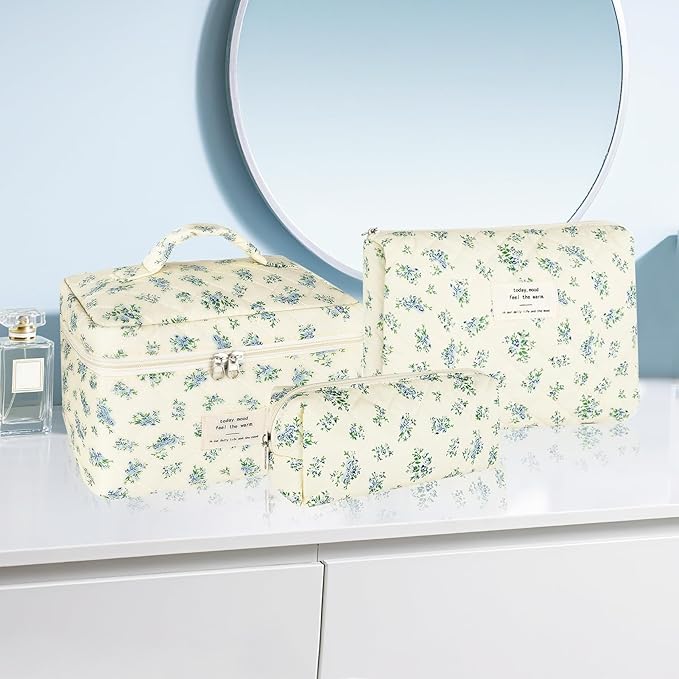 URSKYTOUS 3Pcs Makeup Bag Quilted Cotton Cosmetic Bags for Women Large Small Blue Makeup Pouch Set Cute Coquette Floral Travel Bags Portable Skincare Toiletry Bag Vintage Puffy Essential Organizer