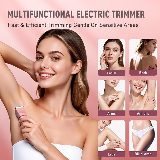 Bikini Trimmer for Women, 3-in-1 Electric Razor for Women, IPX7 Waterproof Rechargeable Cordless Pubic Hair Shaver, with LED Display, for Ladies Bikini Pubic, Face, Underarms, Legs(Rose Gold)