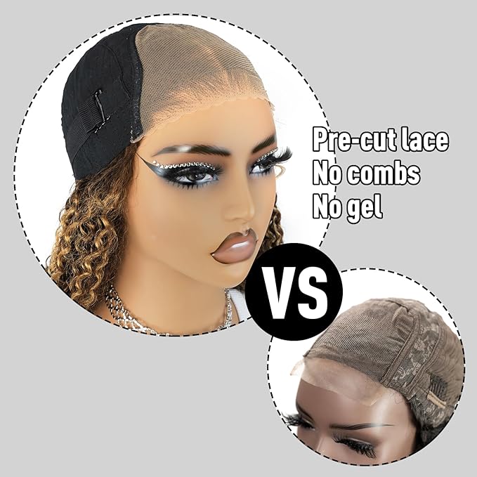 Balayage Highlight Wear and Go Glueless Wig for Beginners 22 inch, Kinky Curly Glueless Wigs Human Hair Pre Plucked Pre Cut Ombre Blonde 4/27, 6x4 HD Lace Front Wig for Black Women 200% Density