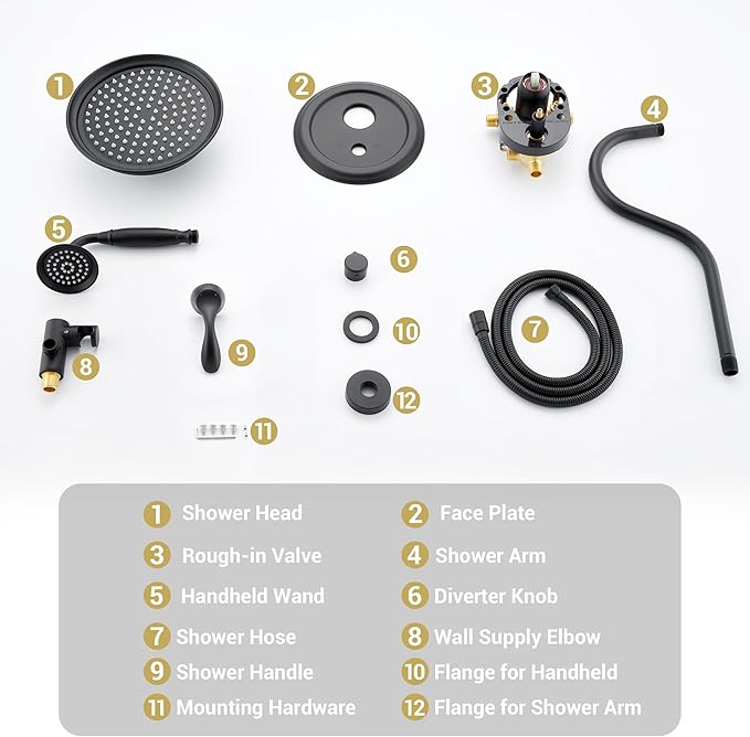 DASAN Matte Black Rain Shower System Antique Shower Faucet Complete Sets, Matte Black Shower Fixtures Combo with Pressure Balance Valve, Trim Kit, 9’’ Rainfall Overhead Shower & Handheld, AT209W-MB