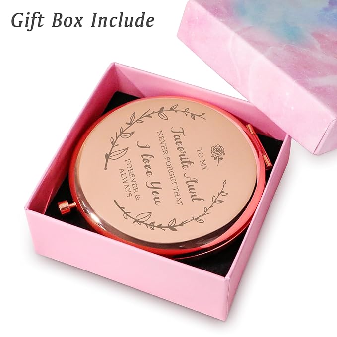 Personalized Gifts for Aunt, Sentimental Aunt Gifts for Birthday, Valentines Day, Custom Engraved Compact Mirror, Goodie Bag & Basket Stuffers for Auntie