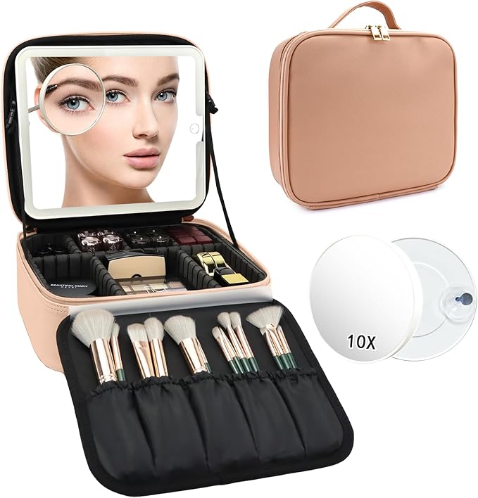 SLUMAZI Travel Makeup Bag with LED Mirror and 10x magnifying glass with 3 Lighted Settings, Adjustable Dividers and Makeup Brush Storage Bag Khaki