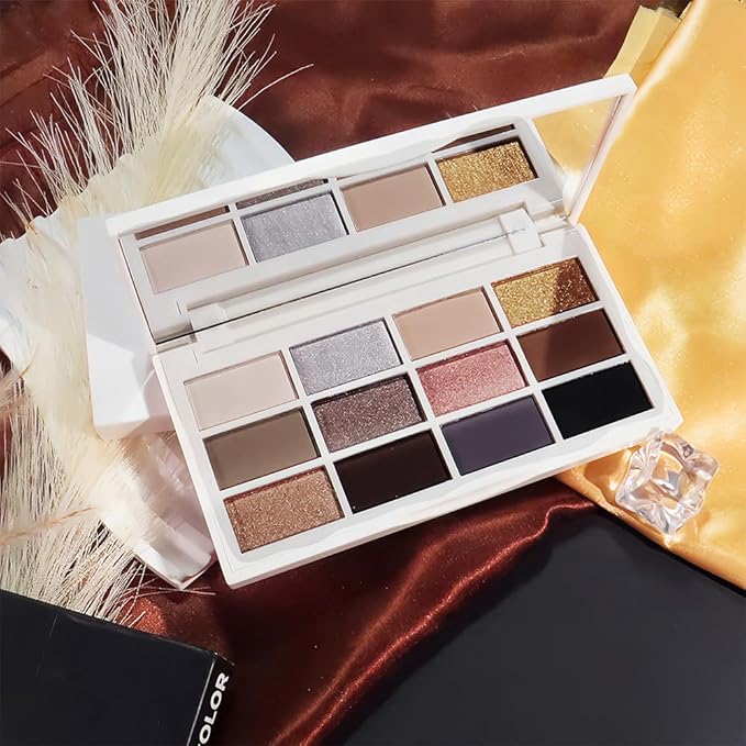 12 Colors Matte Shimmer Eyeshadow - Cool-toned Eyeshadow Palette, Long-Lasting Waterproof Crease-Proof Pigmented, Built-In Mirror, Vegan Cruelty-Free for Daily & Glam Makeup Looks 01#