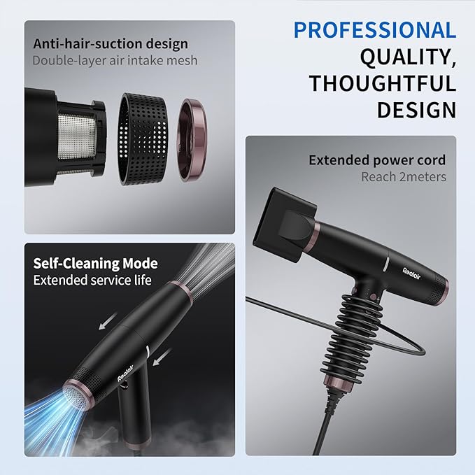 Professional Ionic Hair Dryer with 2 Attachments (Diffuser & Concentrator), High-Speed Blow Dryer for Women Men, Lightweight Quiet Hairdryer for Travel & Home, for All Hair Types