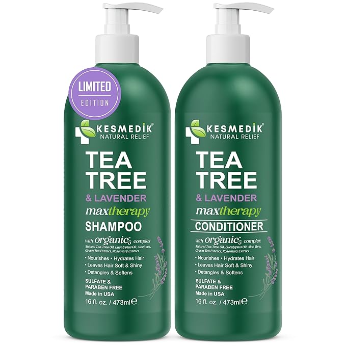 KESMEDIK Tea Tree Lavender Shampoo & Conditioner Set with Mint & Rosemary, Cleanses, Cools & Soothes Dry, Itchy Scalp, Sulfate & Paraben-Free, For All Hair Types, 16 fl oz Each