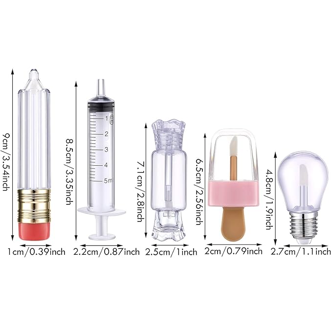 28 Pieces Transparent Empty Lip Gloss Tube Containers, Include 24 Pencil and Candy Shaped Oil Bottles, Ice Cream Funny Light Bulb Balm Tube, 4 Plastic Syringe for Women Girls DIY