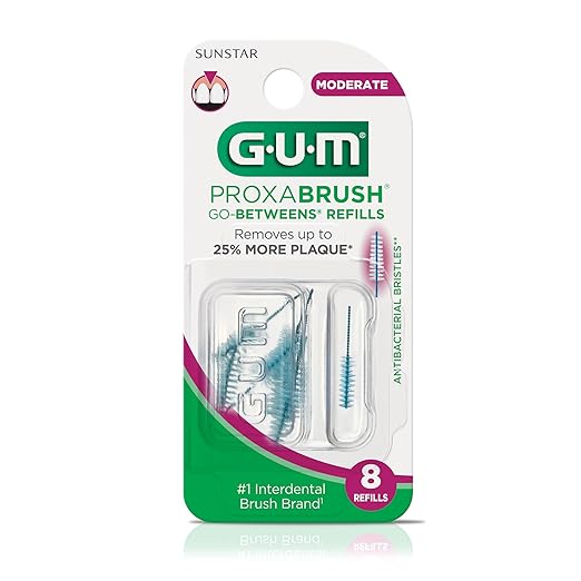 GUM Proxabrush Go-Betweens Refills - Moderate - Compatible with GUM Permanent Handle - Reusable Interdental Brushes - Soft Bristled Dental Picks, 8 Count