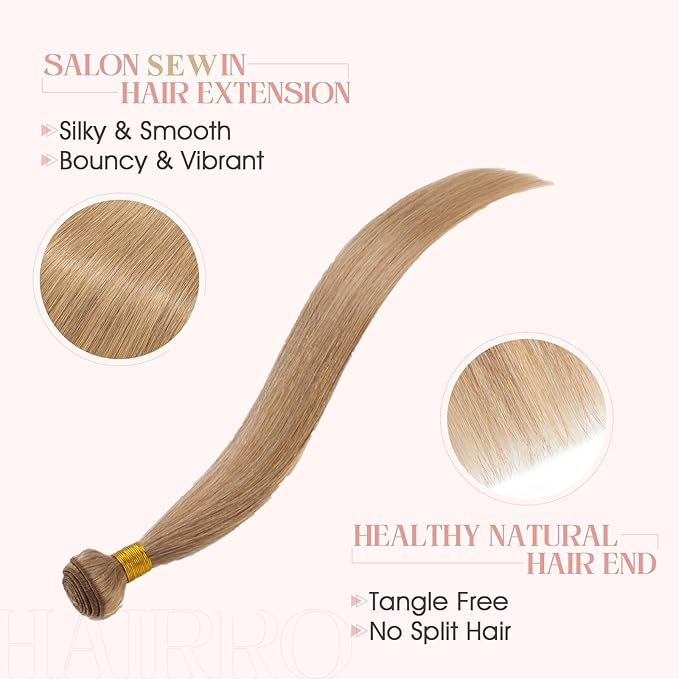 Hairro Sew in Hair Extensions Real Human Hair, 100g/bundle Weave Weft for Women Adding Volume and Length, for DIY Beauty Dating Party, 16 Inch One Bundle Straight Dark Blond