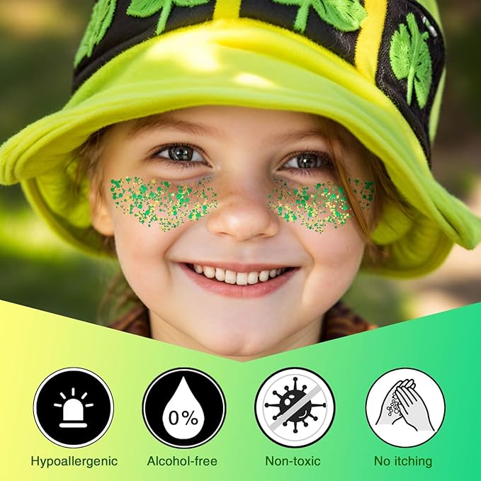 Green Face Glitter Gel,Mardi Gras Outfit for Women,Gold Hair Glitter Green St Patrick's Day Accessories, Self-Adhesive Carnival Face Paint Body Glitter Sparkling Festival Chunky Makeup