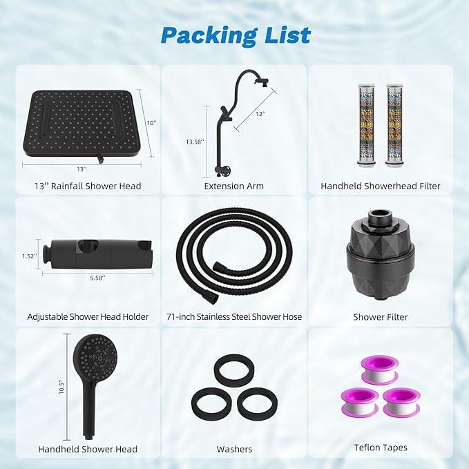 Hibbent 5-spray Dual Filtered Rainfall Shower Head Combo, High Pressure 13'' Showerhead with 10 Spray Handheld, Easy Reach 4-way Diverter Arm with Pause Mode, 71'' Hose & Holder, Oil-Rubbed Bronze