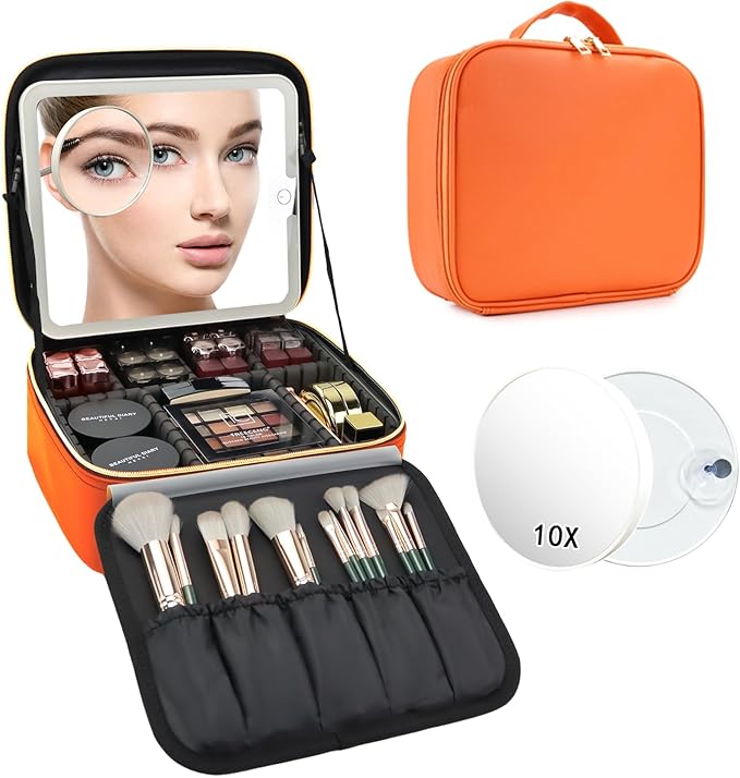 SLUMAZI Travel Makeup Bag with LED Mirror and 10x magnifying glass with 3 Lighted Settings, Adjustable Dividers and Makeup Brush Storage Bag Orange