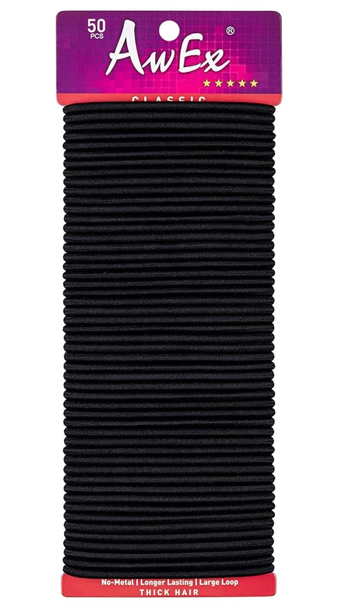 AwEx Hair Ties, Large: 50 PCS, 4 mm Thick, 170 mm Circumference - Black - No Metal - Hair Band - Ponytail Holder - For Thick, Curly, Wavy Hair