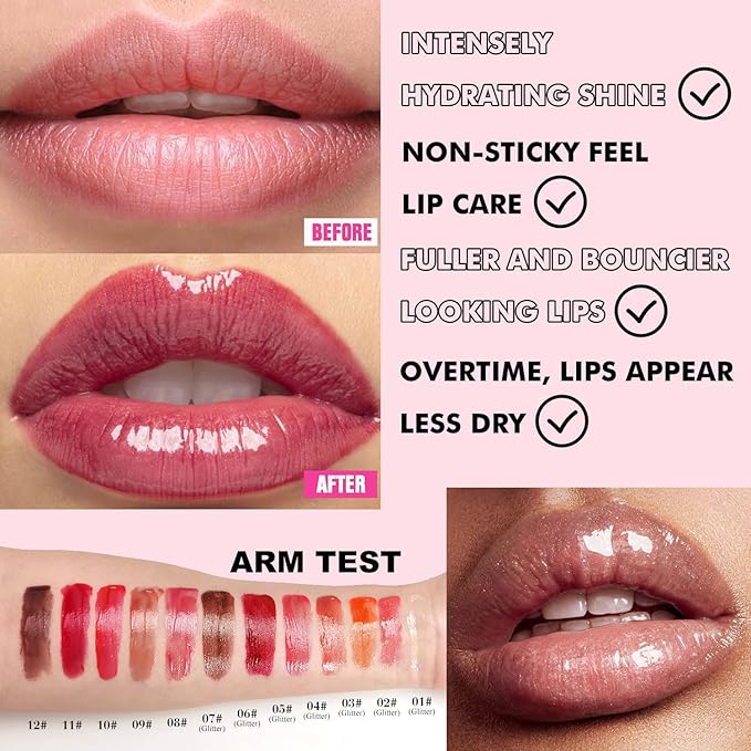 Lip Plumper Gloss Glitter Tinted Plumping Lip Gloss For Women Hydrating Long Lasting Shimmer Moisturizing Glossy Non Sticky Lip Gloss (05# Nude Pink)