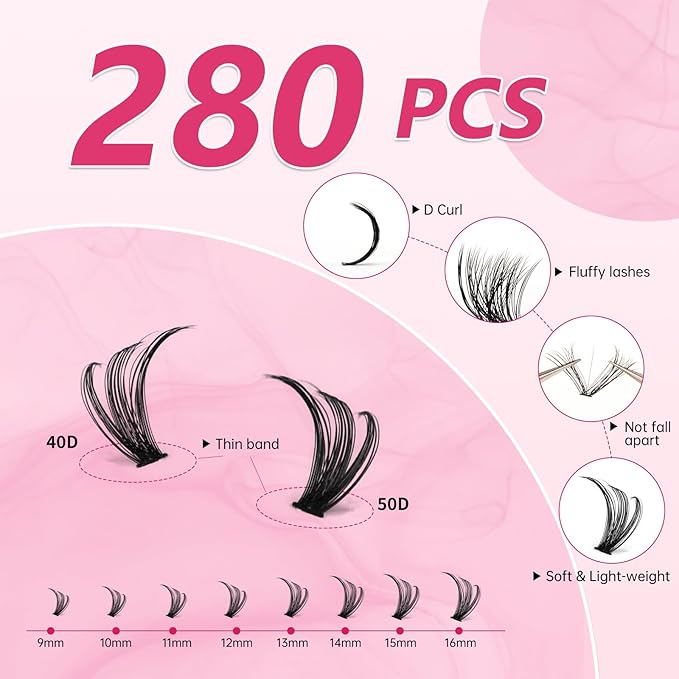 Lash Clusters 40D+50D-16MIX Volume Eyelash Clusters 280 Individual Lashes D Curl Cluster Eyelash Extensions DIY Lash Extension at Home(LD13)