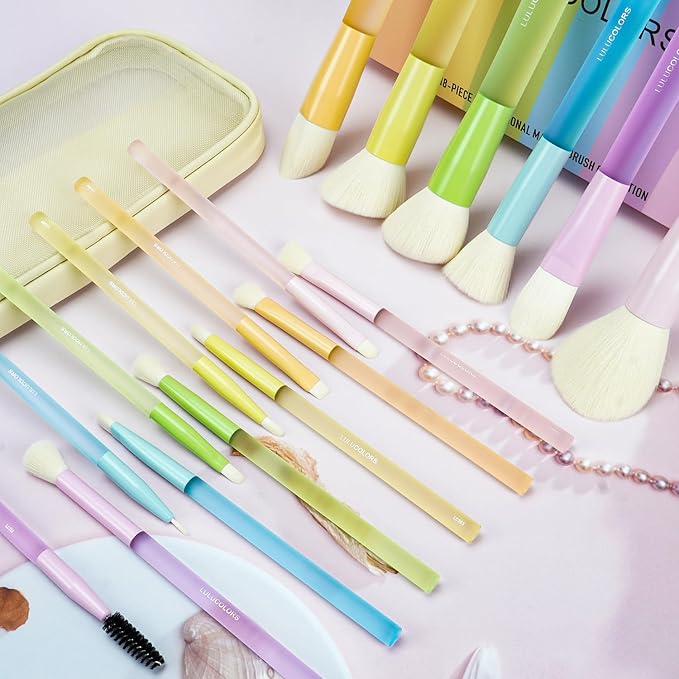 LULUCOLORS 18-Pcs Makeup Brush Set for Beginners - Travel-Friendly with Soft Arthritis-Friendly Handles & Non-Shedding Bristles | Includes Storage Bag, Eyeshadow Brushes & Sponges (Multi-Color)