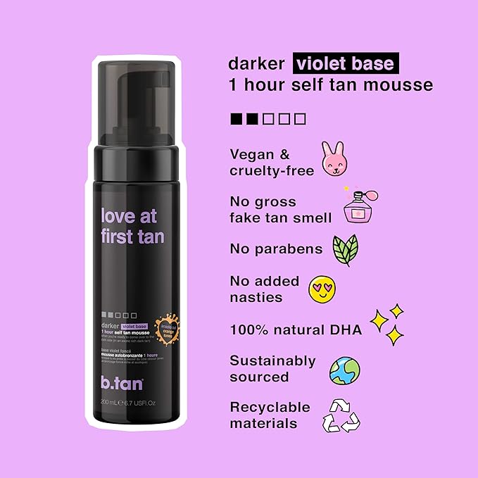 b.tan Violet Self Tanner | Love At First Tan - Fast, 1 Hour Express Sunless Tanning Mousse, Violet-Based, Cancels Orange Tones, No Fake Tan Smell, No Added Nasties, Vegan, Cruelty Free, 6.7 Fl Oz