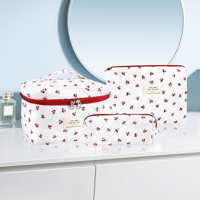 URSKYTOUS 3Pc Cotton Quilted Makeup Bag for Women Extra Large Coquette Small Floral Travel Cosmetic Bag Set Cute Cherry Makeup Pouch Portable Toiletry Bag Organizer Vintage Puffy Essential Storage Bag